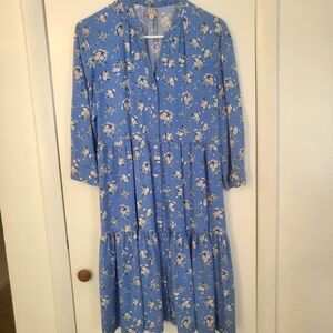 Badgley Mischka Blue Floral 3/4 Sleeve Tiered Peasant  Dress
